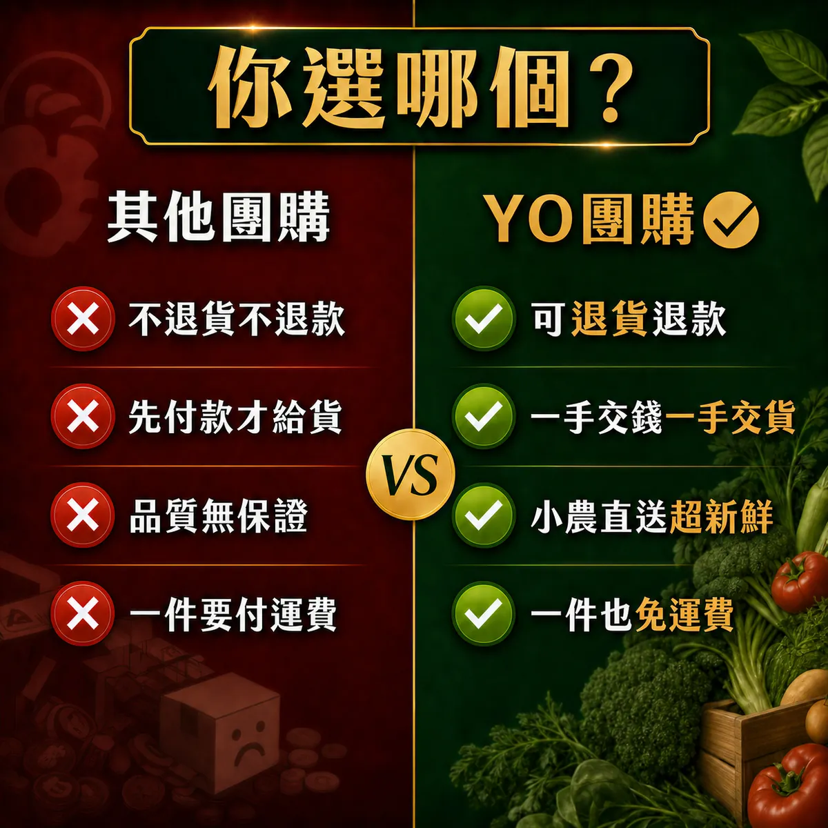 你選哪個？其他團購不退貨不退款、先付款才給貨、品質無保證、一件要付運費；YO！團購可退貨退款、一手交錢一手交貨、小農直送超新鮮、一件也免運費